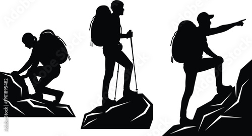 Black silhouette vector icons set of diverse people walking on bridges and family camping activities with tents and hikers flavector