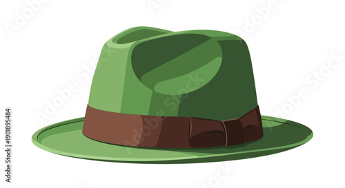 Green Fedora Hat with Brown Band, Classic Style, Isolated on White Background