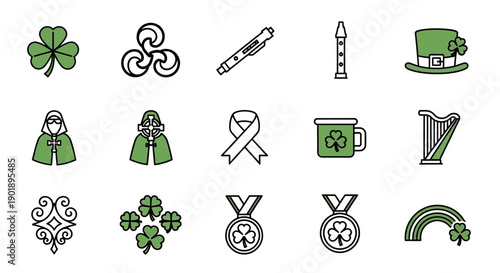 Irish Icons Collection: Shamrocks, Celtic Symbols, Musical Instruments, and Rainbows