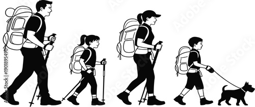 Black silhouette vector of a family with children and dog hiking together with backpacks and walking sticks in nature flavector