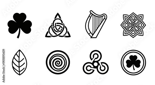 Set of Irish Celtic Symbols: Shamrock, Harp, Knot, Leaf, and Spiral Designs