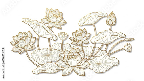 An artistic arrangement of multiple lotus blossoms, buds, and lily pads rendered in elegant golden line art against a white background.
