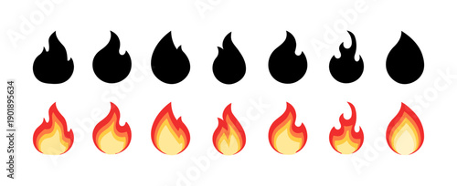 Set of fire icons in black silhouette and warm red/yellow flame designs, depicting different sizes and shapes of flames, perfect for representing heat, energy, or danger.