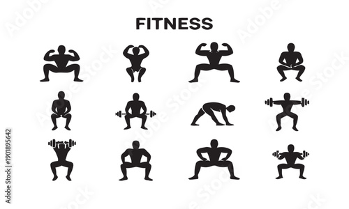 Set of fitness exercise icons depicting weightlifting, squatting, and stretching poses for gym, workout, and healthy lifestyle graphic design projects.