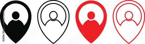 Set of four location pin icons with person silhouette inside for user identification or navigation app concept on white background