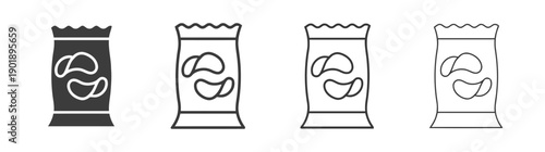 Set of four crisp bag icons showing variations in solid dark grey, outline only, filled outline, and thin line styles representing snack food packaging for chips and crisps, graphic design elements.