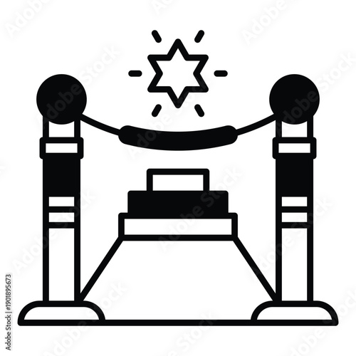 Red carpet with stanchions and star icon, minimalist VIP event entrance line art vector.