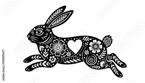 A whimsical rabbit illustration with floral patterns runs across a plain surface