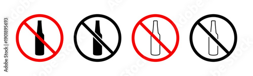 Set of four 'no alcohol' prohibition signs, featuring stylized bottle symbols within red and black circles with diagonal lines, indicating restricted consumption