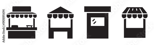 Set of four market stall and kiosk icons with awnings, representing shops, booths, and small businesses, solid black silhouette designs for commercial use.