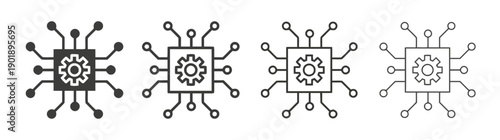 Set of four integrated circuit or microchip icons with a central gear, symbolizing technology, engineering, and processing, featuring solid dark, outline, and filled outline styles.
