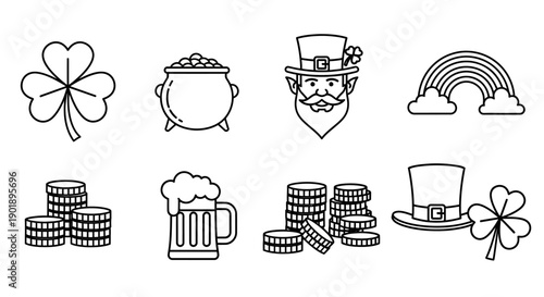 St. Patrick's Day Symbols Collection: Clover, Pot of Gold, Leprechaun, Rainbow, Beer