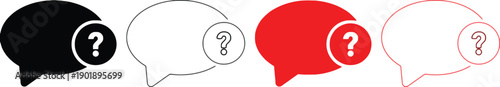 Set of four speech bubble icons with question mark symbol in different colors, black solid, black outline, red solid, and red outline, for inquiry and support