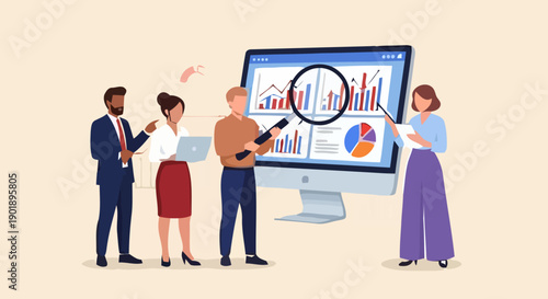 People analyze data on computer screen with charts and graphs