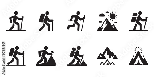 Set of hiking and climbing icons representing outdoor adventures and mountain expeditions for tourism and travel graphic design elements