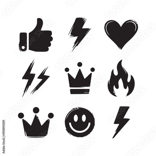 Set of hand drawn icons including thumbs up lightning bolt heart crown flame smiley face peace sign and x mark for social media and design