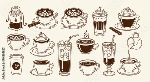 Collection of various coffee drinks and brewing methods, illustrated in art style