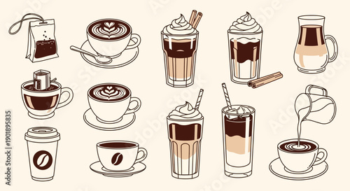 Assortment of Coffee and Tea Drinks with Cream and Spices, Illustrated Vector Art