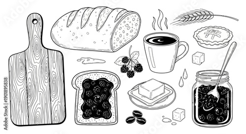 Black and White Illustration of a Breakfast Scene with Bread, Coffee, and Jam