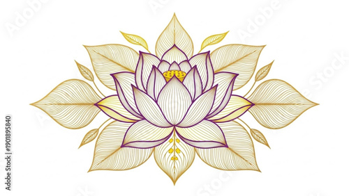 A sophisticated line-art illustration of a lotus flower in gold and purple, featuring a perfectly symmetrical layout and intricate leaf details.