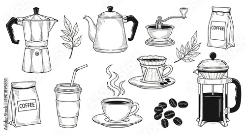 Coffee making and serving set: illustration of coffee maker, grinder, kettle, and cups