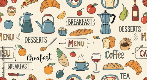 Whimsical Doodle Pattern of Breakfast and Coffee Items, Desserts, and Menu Signs