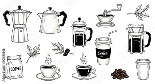 Hand-Drawn Coffee Brewing Methods and Accessories Collection, Vintage Sketch Style
