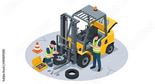 Two workers repair a forklift on cracked ground with tools nearby