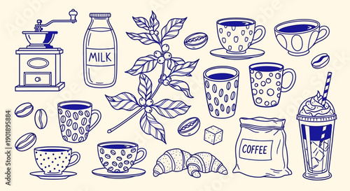 Hand-Drawn Coffee Elements: Grinder, Beans, Cups, Croissants, and Drinks