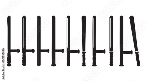 Collection of police batons, riot control implements, and sturdy clubs in silhouette form, representing authority and enforcement tools for security graphics