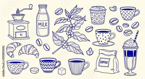 Hand-Drawn Coffee and Breakfast Collection with Beans, Croissants, and Drinks