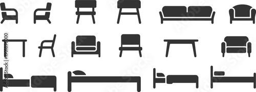 Furniture silhouette icon collection with chairs tables sofas beds home interior black vector illustration
