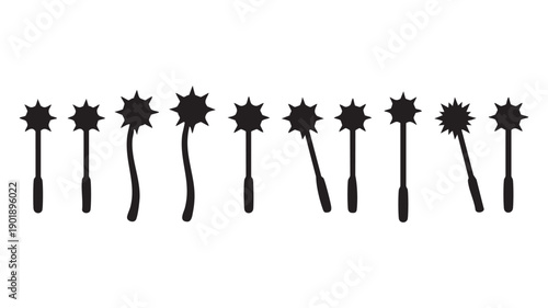 Collection of menacing silhouettes of medieval maces, fantasy weapons, historical battle implements, and spiked weaponry for game design and illustration projects