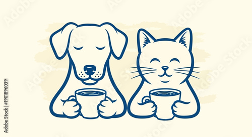 Charming Blue Outline Dog and Cat Enjoying Coffee Cups Together