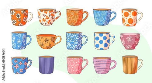 Collection of Decorative Ceramic Mugs with Various Patterns and Colors