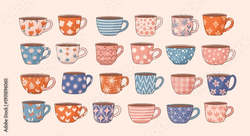 Collection of Cute Cartoon Mugs with Various Patterns and Designs on Pink Background