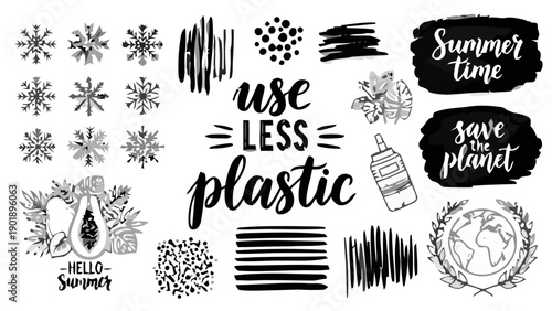 Eco-friendly illustrations promote reducing plastic usage on planet Earth with summer vibes and nature elements