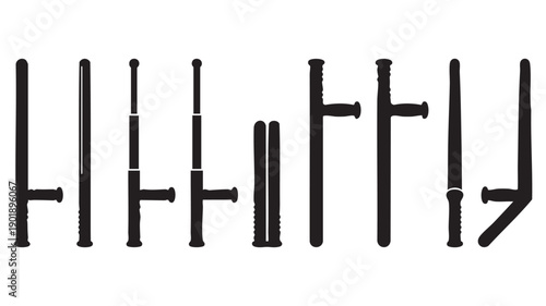 Set of various black silhouettes of different police batons and tonfas isolated on white background depicting law enforcement defense tools