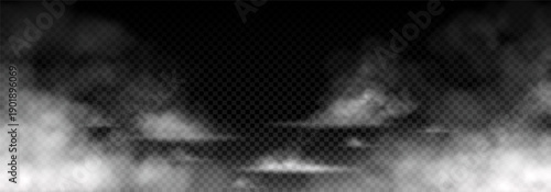 Thick smog or fog clouds. Vector illustration with transparent realistic white fog or morning mist over surface of ground. Atmospheric phenomena effect isolated on dark background.