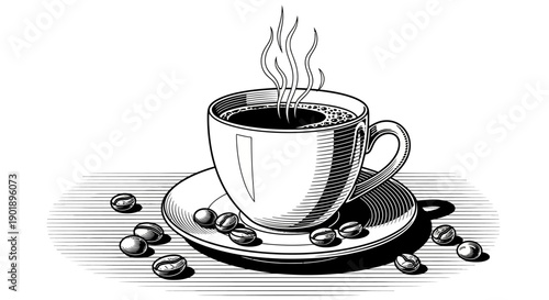 Steaming Hot Coffee Cup with Beans and Saucer on Table - Vintage Illustration