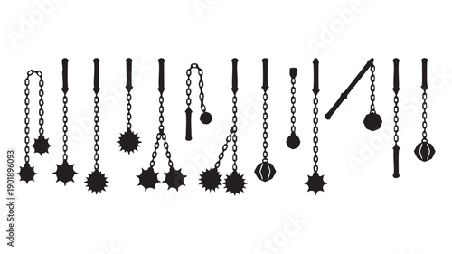 Set of various black silhouettes of different medieval flails and morning stars isolated on white background depicting ancient chained weapons