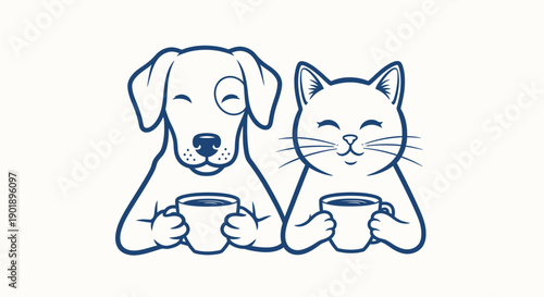 Cute Dog and Cat Enjoying Coffee Together, Friendly Animals Relaxing with Hot Drinks