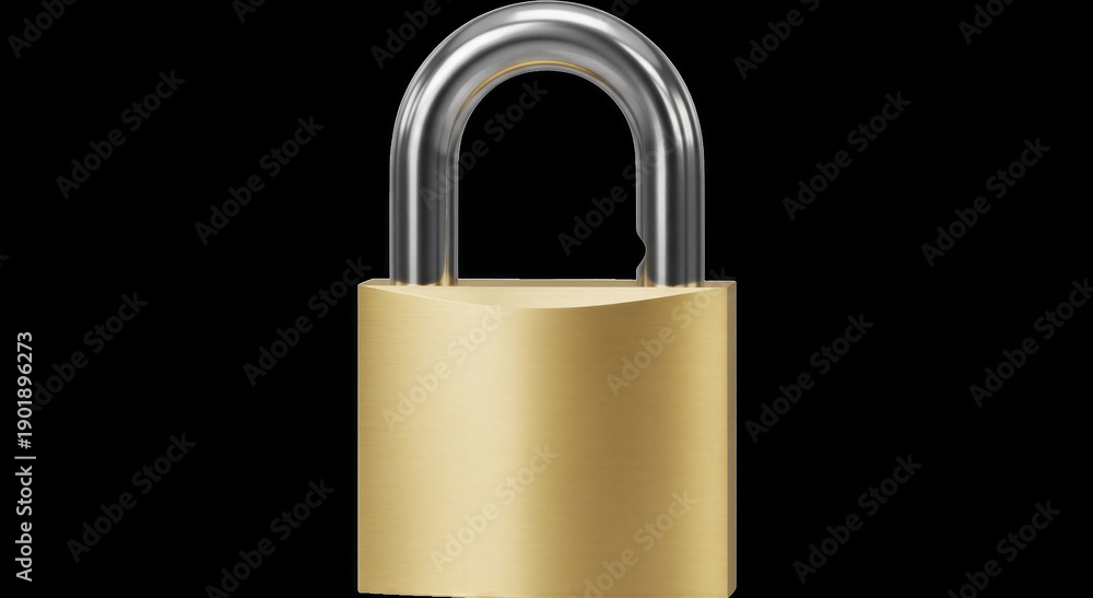 Fototapeta premium Secure gold padlock with shiny silver arch on black