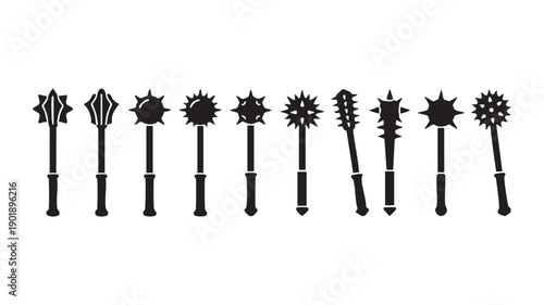 Set of various black silhouettes of different medieval maces and flails isolated on white background depicting historical bludgeoning weapons