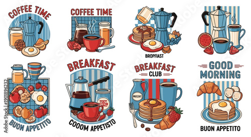 Healthy Breakfast and Coffee Time Illustration Collection with Food and Drinks