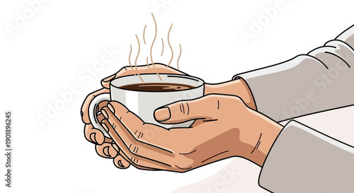Close-up of Hands Cupping a Steaming Mug of Coffee, Cozy Morning Beverage Scene