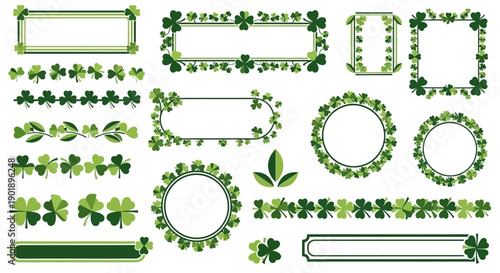 Collection of decorative green shamrock and leaf borders and frames for St. Patrick's Day or nature-themed designs.