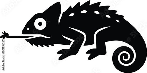 Chameleon Vector Icon | Minimalist Lizard Catching Prey Silhouette for Creative Branding