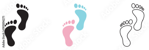 Baby Footprints Icon Set. Minimal illustration of baby footprints in black, colour , symbolizing newborn identity, parenting, and early childhood themes.

