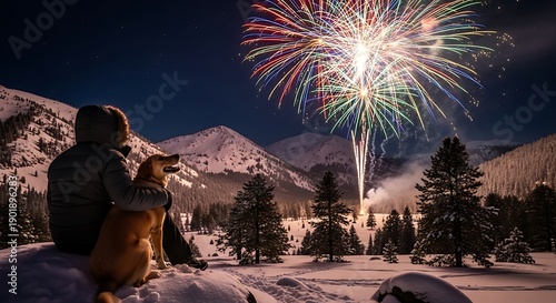 Wallpaper Mural A person and a dog watching fireworks in a snowy landscape. Torontodigital.ca